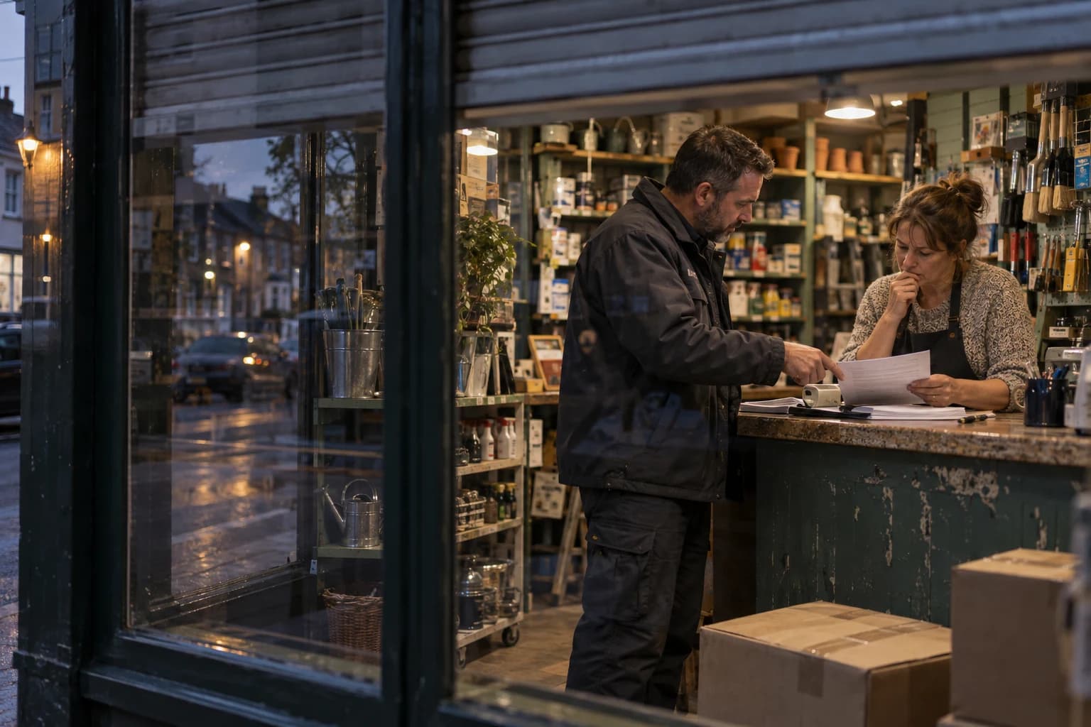 A shop owner and supplier review an invoice at the counter after closing, seen through the shop window
