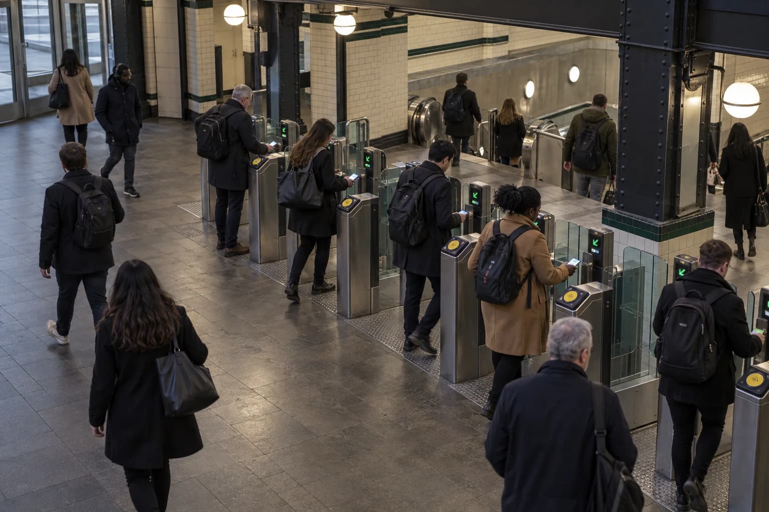 Commuters tap cards and phones at contactless barriers in a tiled underground ticket hall, with escalators beyond the gates