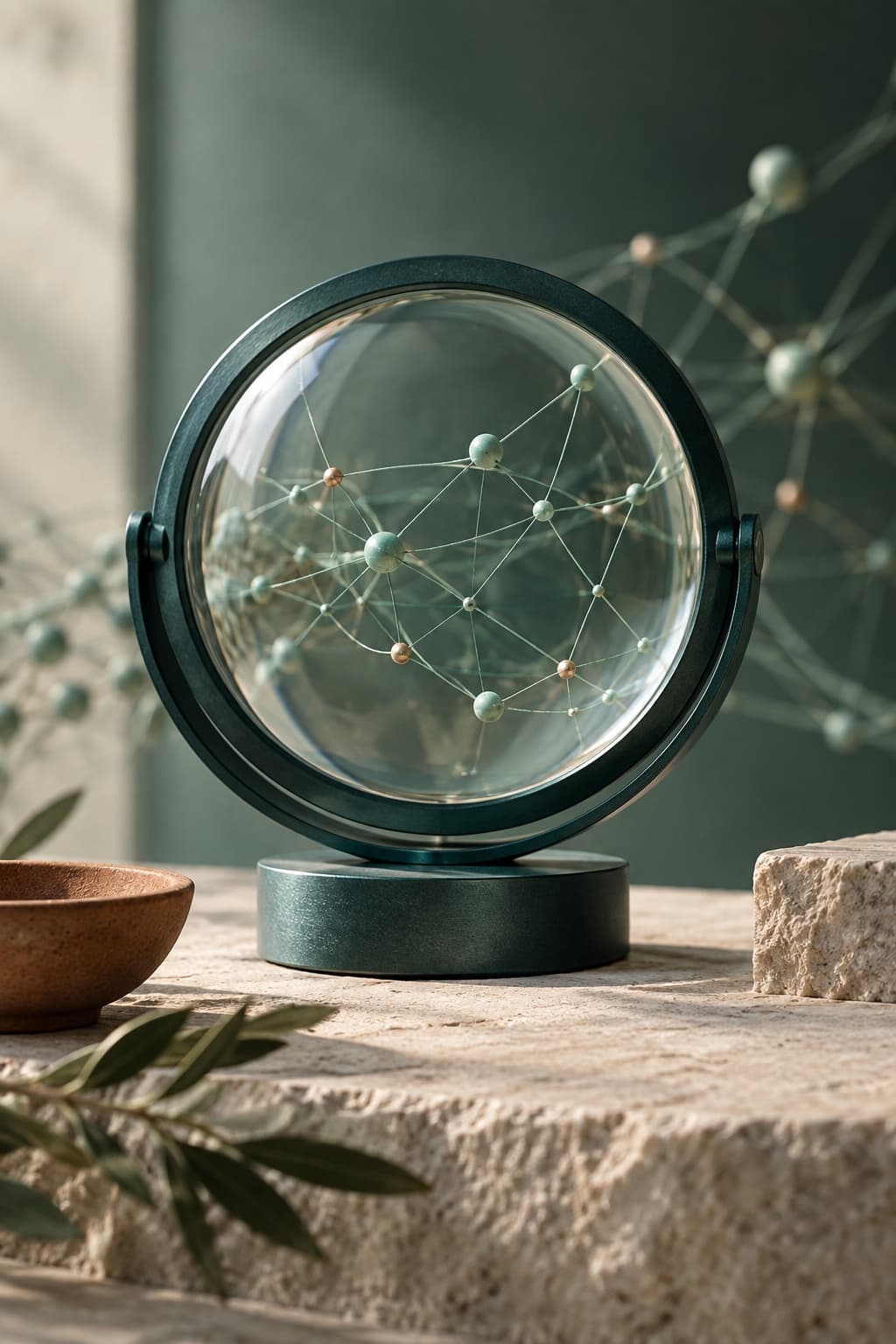 A glass lens brings a network of connected threads into focus