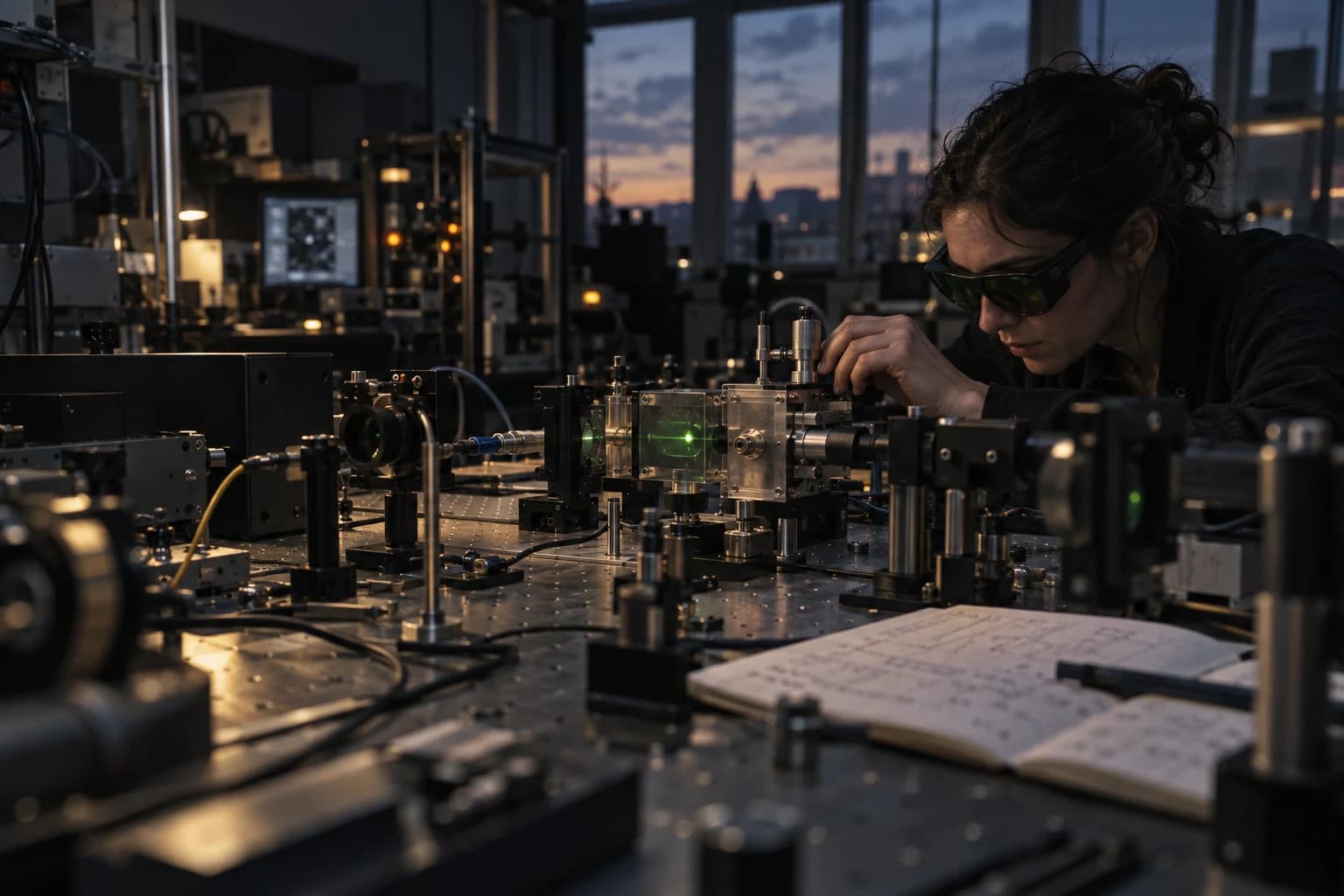 A researcher adjusts precision optics at a laboratory bench during an experiment